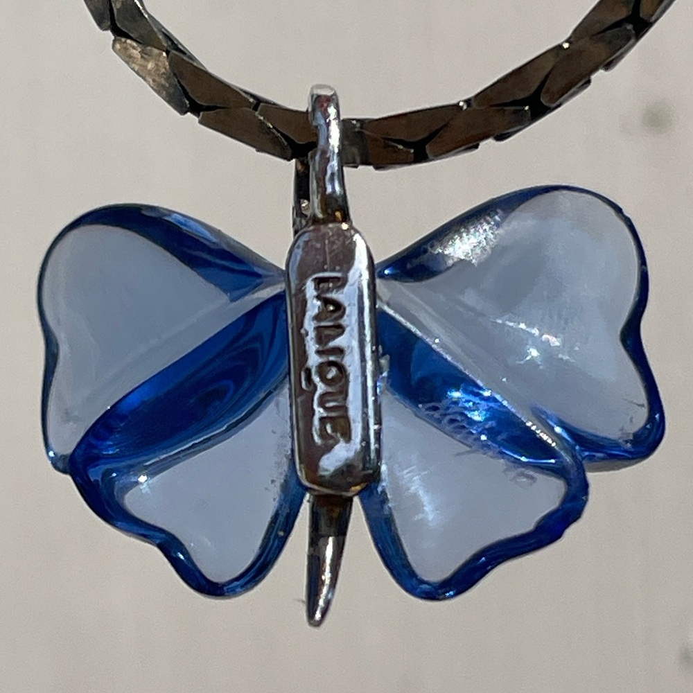 LALIQUE Papillons Butterfly Crystal Necklace blue pendant Sterling silver used - Picture 12 of 13